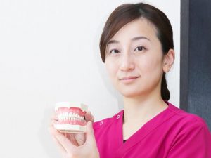 歯の模型を持っている女性歯科医師